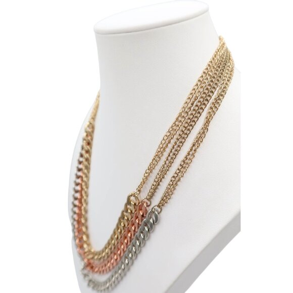 Chunky 3 Strand Curb Chain Necklace Gold Rose Gold & Silver Statement 24 Inches - Picture 4 of 7